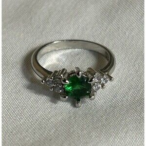 S925 Sterling Silver Girls Ring Small Size 3 Green And Clear CZs Dainty J-355